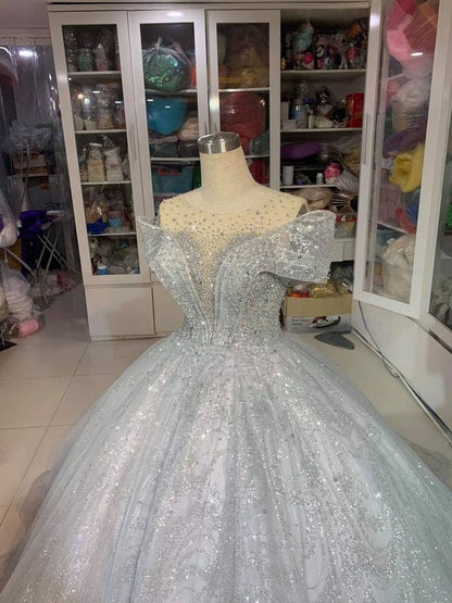 Off The Shoulder Silver Glitter Prom Dress    cg17064