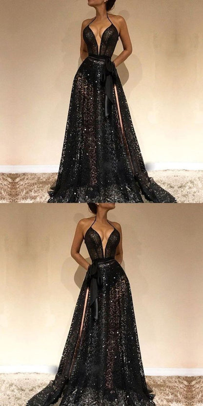 Cheap Spaghetti Straps Sexy Black V-Neck prom Evening Gowns cg1709