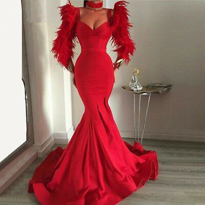 Details about Red Fur Satin Mermaid Long Sleeve Evening Party Prom Dress Celebrity Formal Gown    cg17178