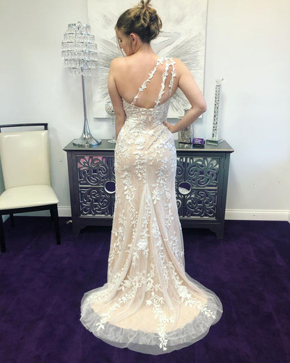 One Shoulder Ivory Lace Appliqued Long Formal Dress prom dress   cg17189