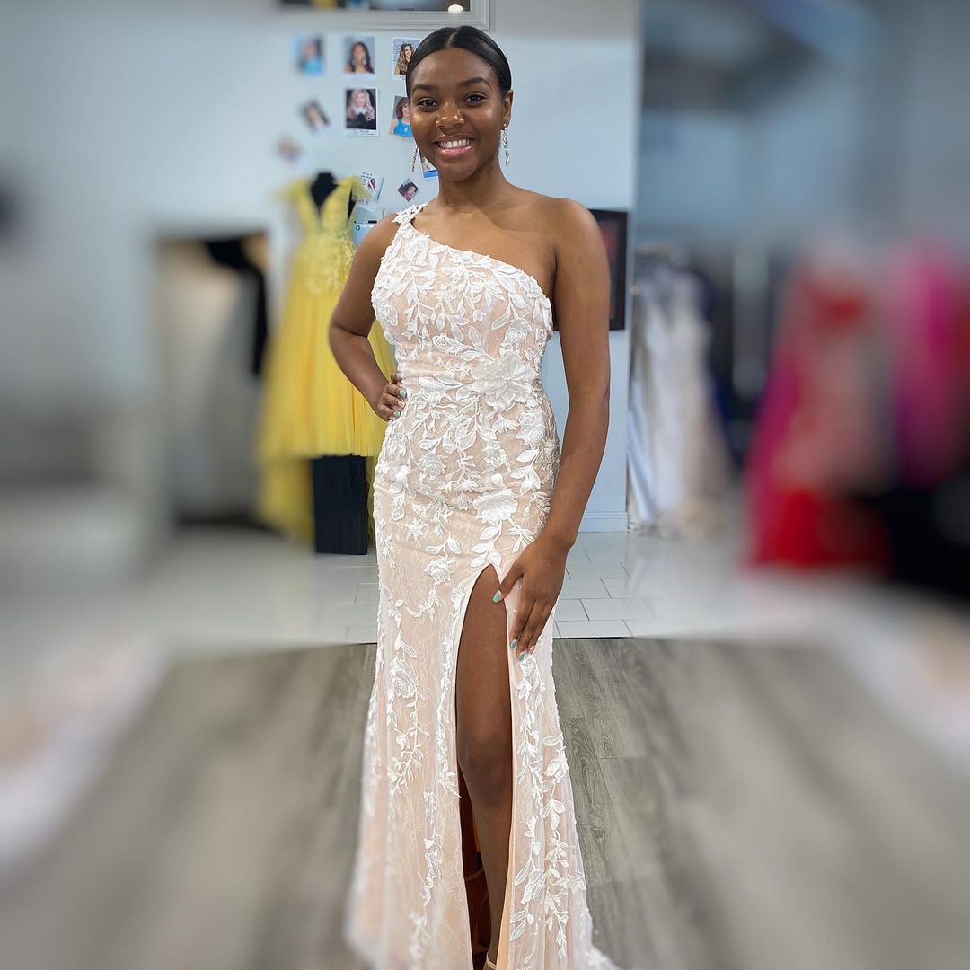 One Shoulder Ivory Lace Appliqued Long Formal Dress prom dress   cg17189