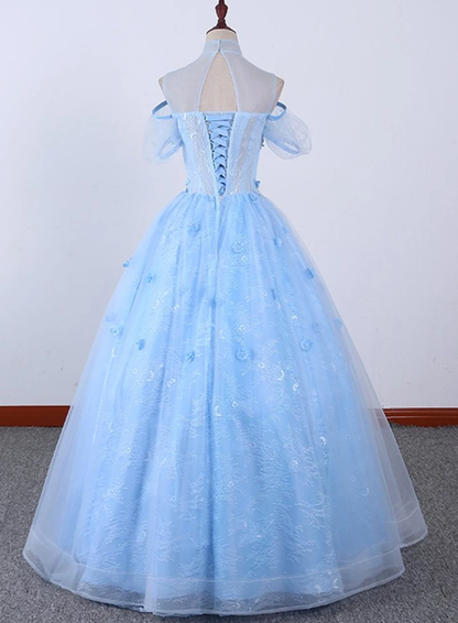 Light Blue Lace High Neck Lace Applique Ball Gown, Lace Sweet 16 Dress, Prom Dress   cg17199