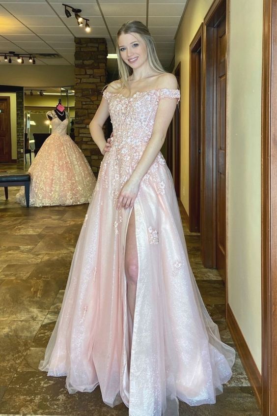 Off the shoulder princess pink long formal dress with side slit Prom Dress    cg17207