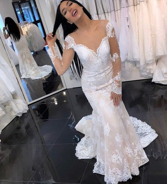 Mermaid Round Neck Long Sleeves White Prom Dress    cg17278