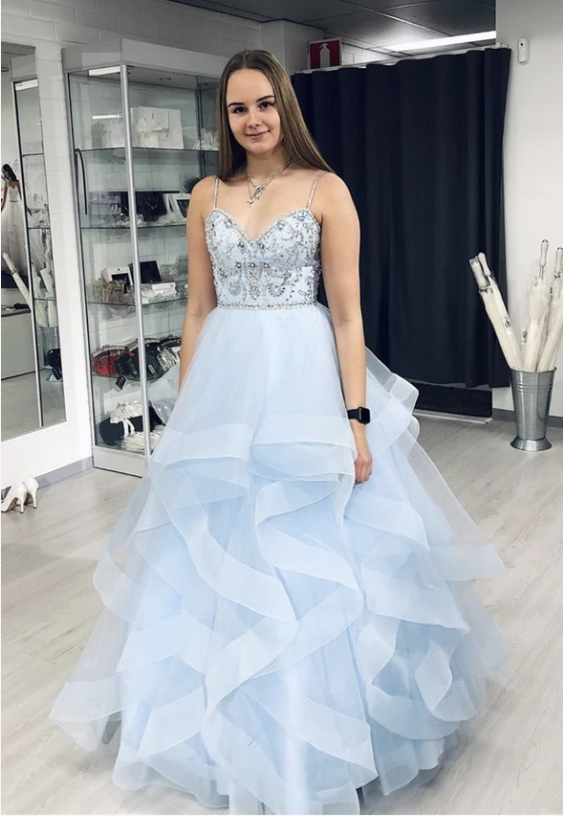 Blue tulle beads long A line prom gown formal dress   cg17298