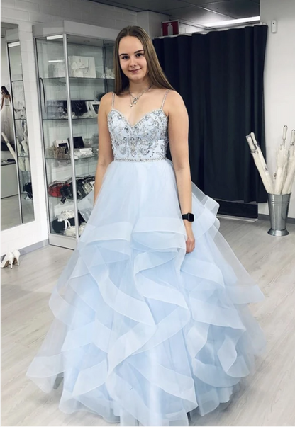 Blue tulle beads long A line prom gown formal dress   cg17298