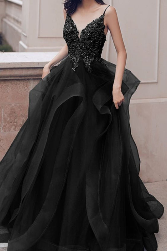 Priness A-line black tulle long formal dress evening prom dress    cg17323