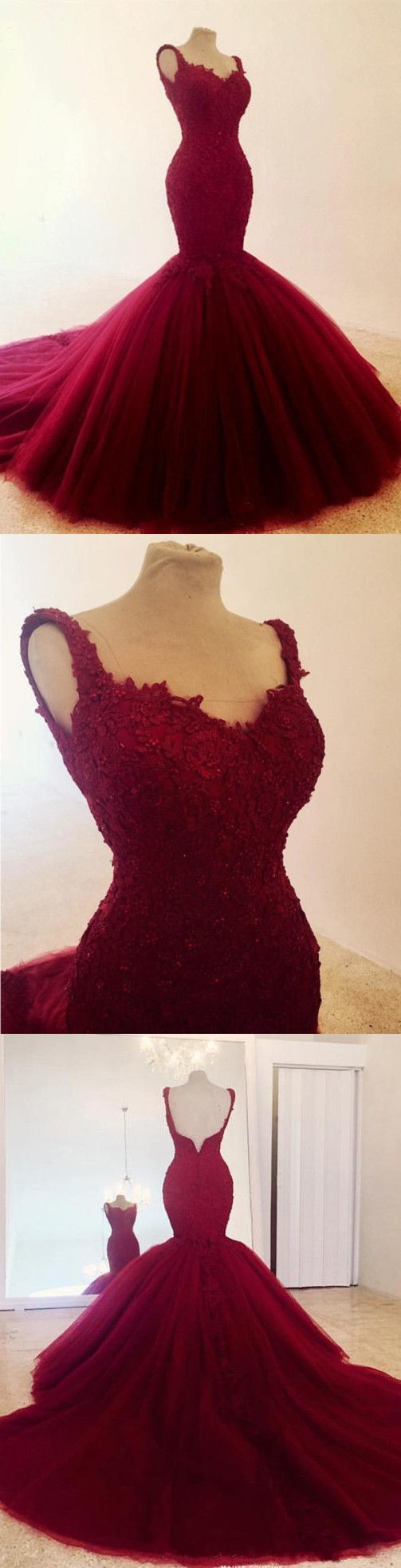 Lace Mermaid Tulle Prom Dress , Spaghetti Straps Prom Dress   cg17340