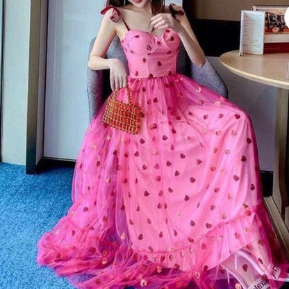 Glitter Sweetheart Fuchsia Long Party Dress with Red Dot Prom Dress  cg17354