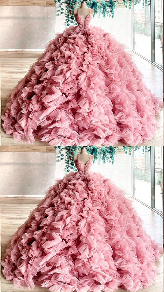 prom dresses beautiful pink ball gown ruffles dresses    cg12380