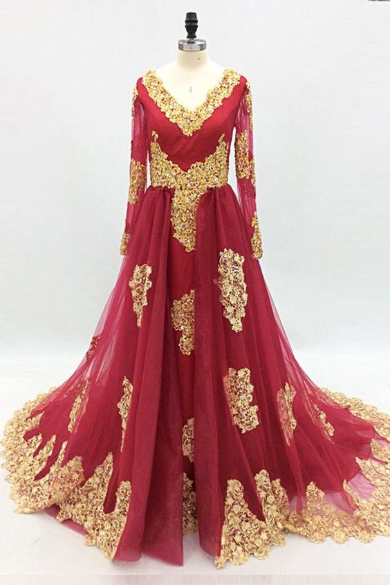 Burgundy Tulle Gold Lace Applique Long Arabic Prom Dress, Formal Dress    cg17388