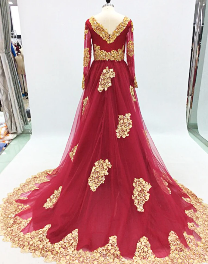 Burgundy Tulle Gold Lace Applique Long Arabic Prom Dress, Formal Dress    cg17388