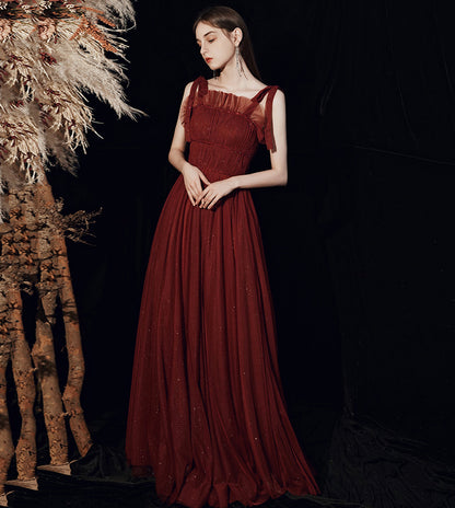 BURGUNDY TULLE LONG A LINE PROM DRESS EVENING DRESS    cg17390