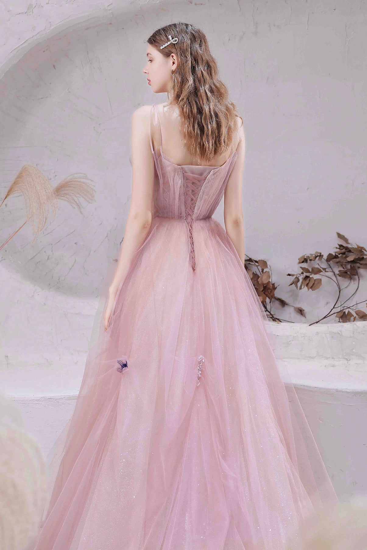 PINK TULLE LONG A LINE PROM DRESS EVENING DRESS    cg17391