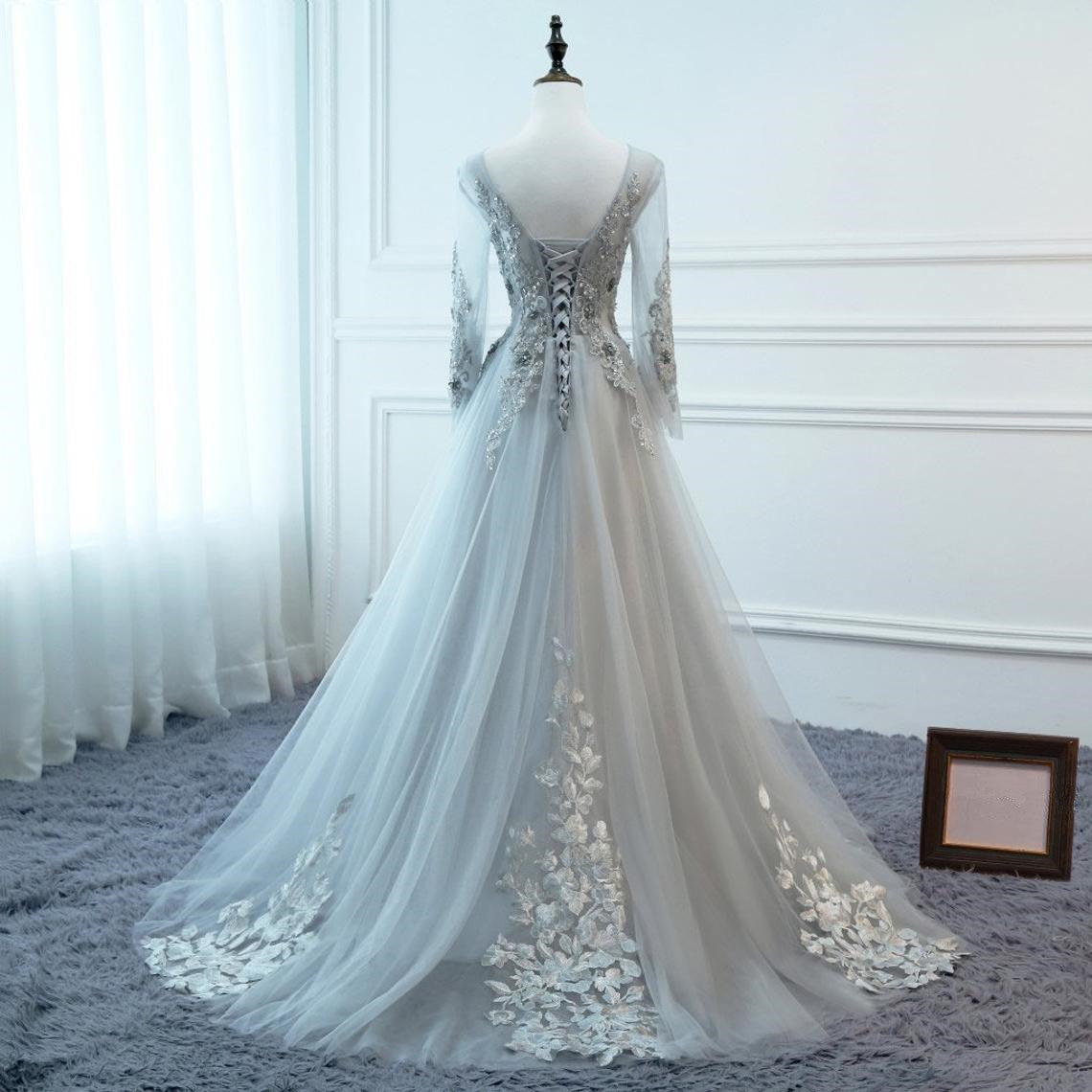 Grey Long Sleeves V-neckline Tulle Prom Dress 2021, A-line Floor Length Party Dress   cg17487
