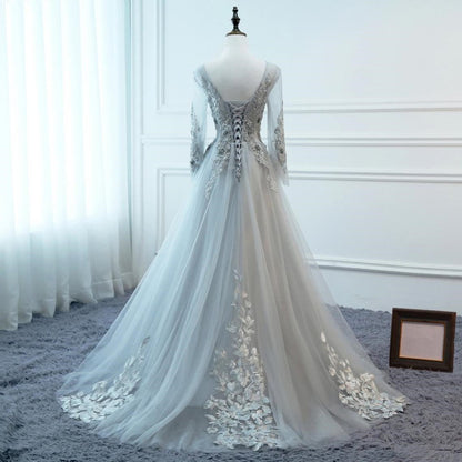 Grey Long Sleeves V-neckline Tulle Prom Dress 2021, A-line Floor Length Party Dress   cg17487
