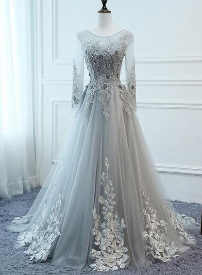 Grey Long Sleeves V-neckline Tulle Prom Dress 2021, A-line Floor Length Party Dress   cg17487