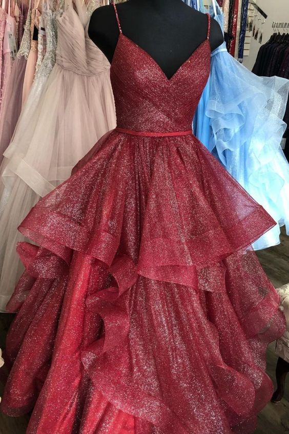 princess burgundy tiered long formal dress prom dress   cg17509