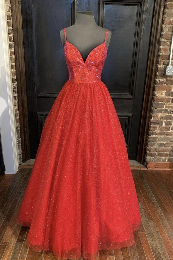 Red tulle beads long A line prom dress evening dress    cg17517