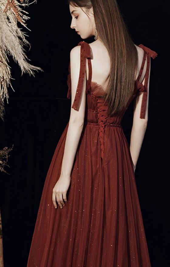 Burgundy tulle long prom dress A line evening dress    cg17586