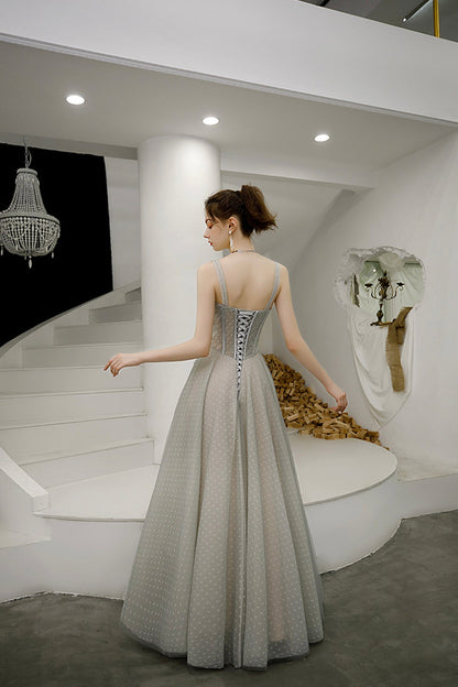 GREY TULLE LONG A LINE PROM DRESS EVENING DRESS    cg17590