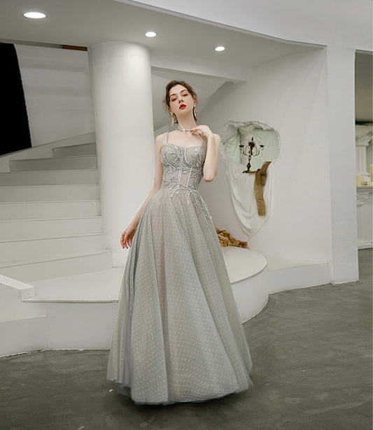 GREY TULLE LONG A LINE PROM DRESS EVENING DRESS    cg17590
