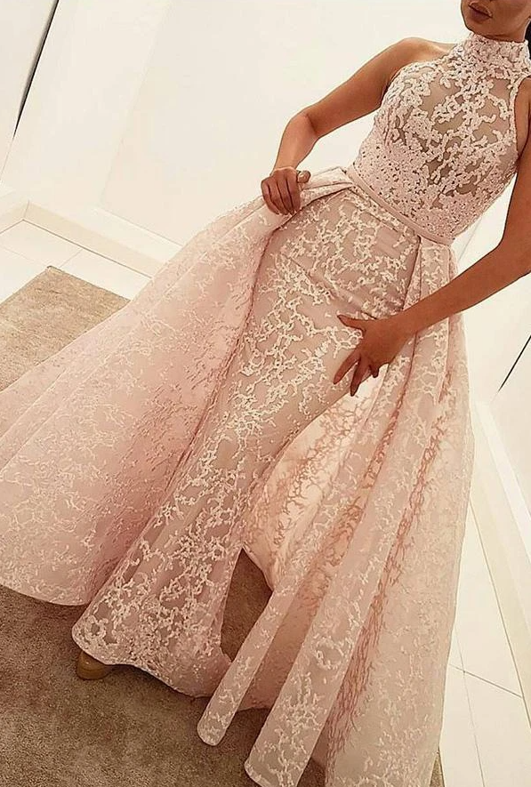 Mermaid High Neck Court Train Detachable Light Pink Lace Quinceanera Dress Prom Dresses   cg17637