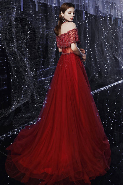 ELEGANT TULLE BEADS LONG A LINE PROM DRESS EVENING DRESS  cg17661