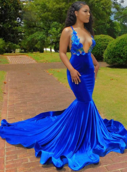 Royal Blue Velvet Mermaid Deep V Neck Backless Appliques Prom Dress   cg17670