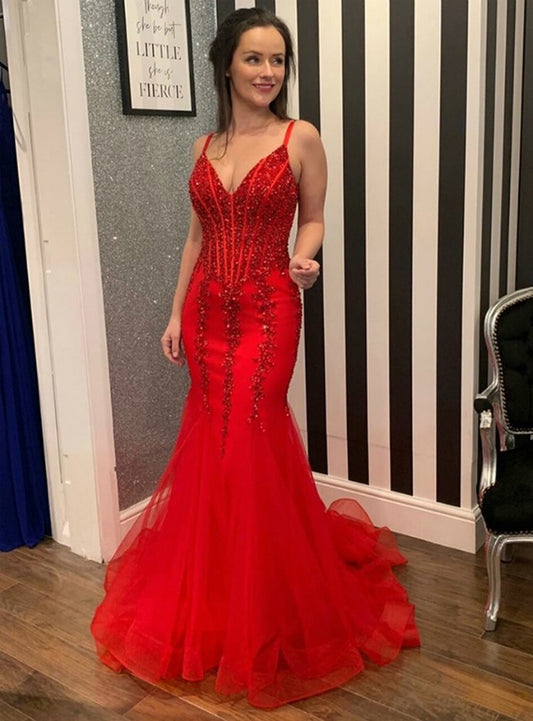 Red Mermaid Tulle Spagehtti Straps Beaidng Beading Prom Dress   cg17672