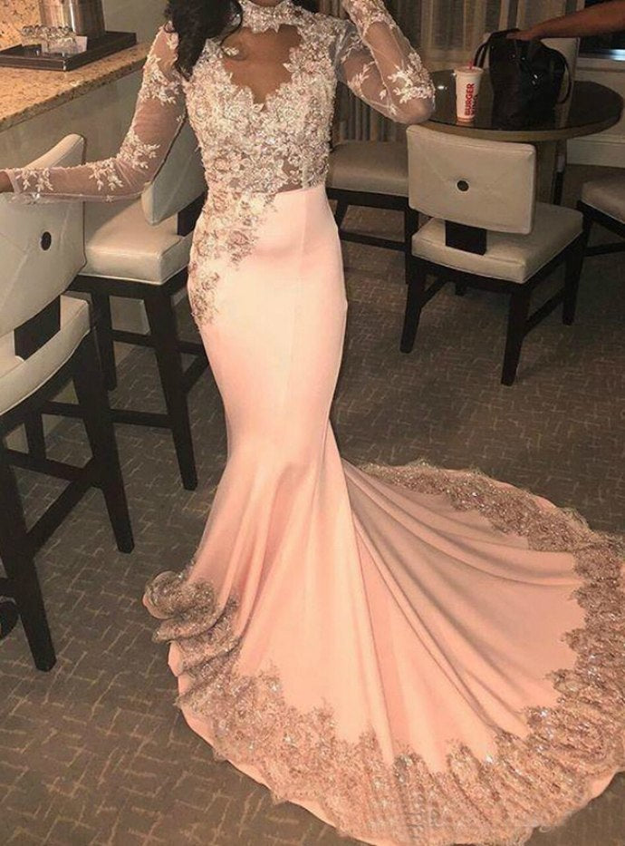 Pink Mermaid Satin Long Sleeve High Neck Appliques Prom Dress   cg17673