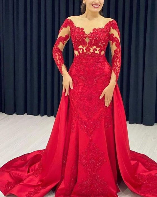 Lace Embroidery Prom Dresses Mermaid Long Sleeves Satin Sweep Train   cg17752