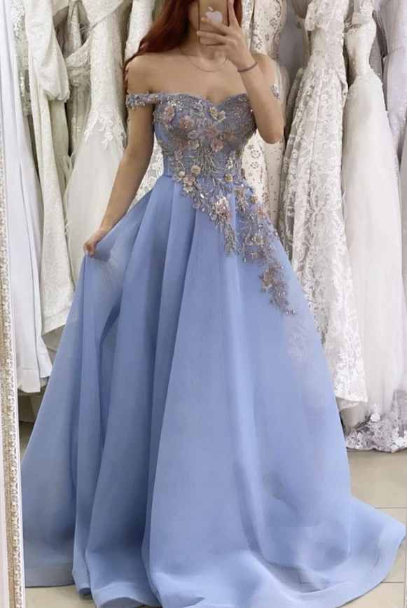 Blue lace long A line prom dress evening dress   cg17760