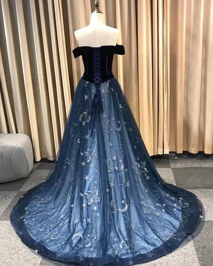 Navy Blue New Style Long Off Shoulder Prom Dress, A-Line Formal Dress, Evening Dress   cg17769