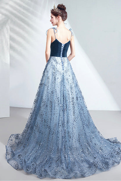 BLUE TULLE SEQUINS LONG PROM DRESS A LINE EVENING DRESS   cg17773
