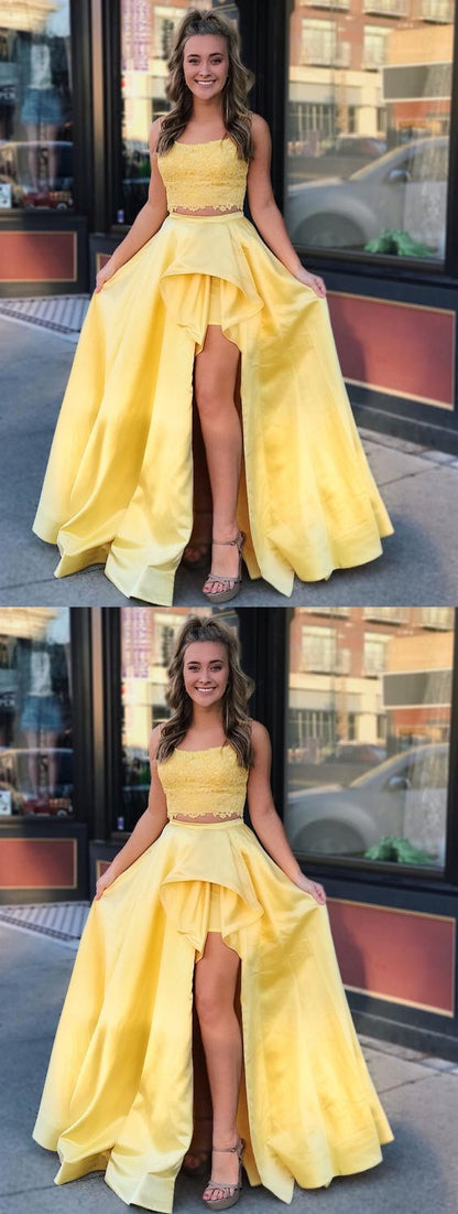 2 Pieces High Low Yellow Lace Prom Dresses, 2 Pieces Yellow Lace Formal Graduation Evening Dresses cg1786