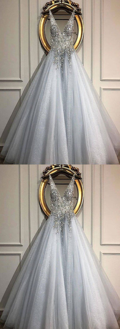 Gray v neck tulle beads long prom dress, evening dress cg1787