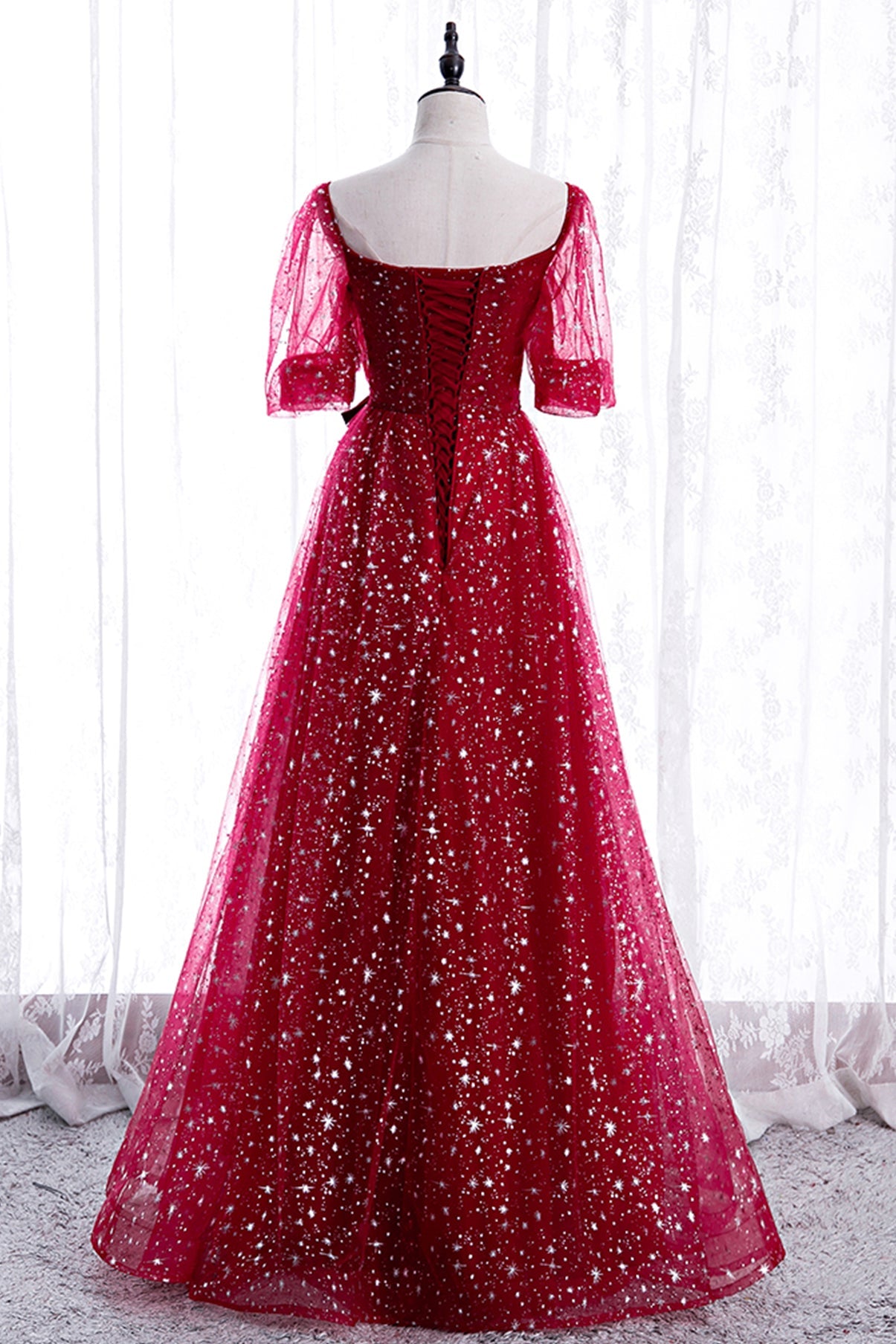 BURGUNDY TULLE LONG A LINE PROM DRESS EVENING DRESS   cg17897