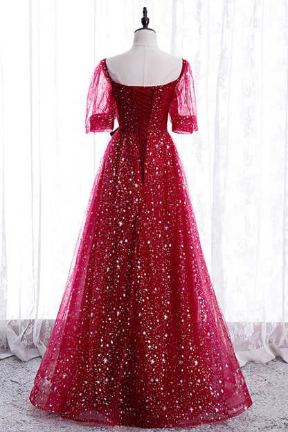BURGUNDY TULLE LONG A LINE PROM DRESS EVENING DRESS   cg17897
