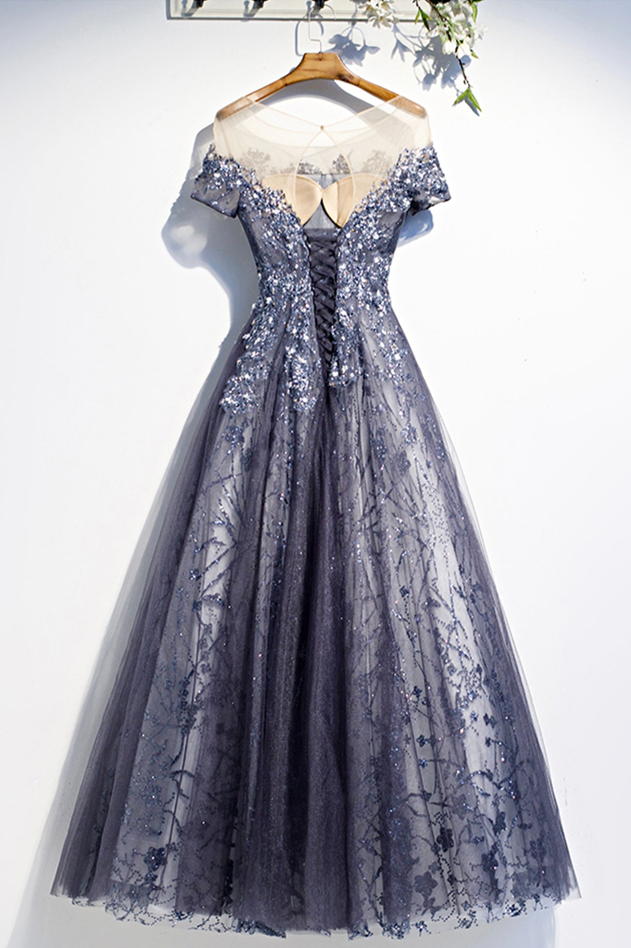 BLUE TULLE SEQUINS LONG PROM DRESS A LINE EVENING DRESS    cg17906