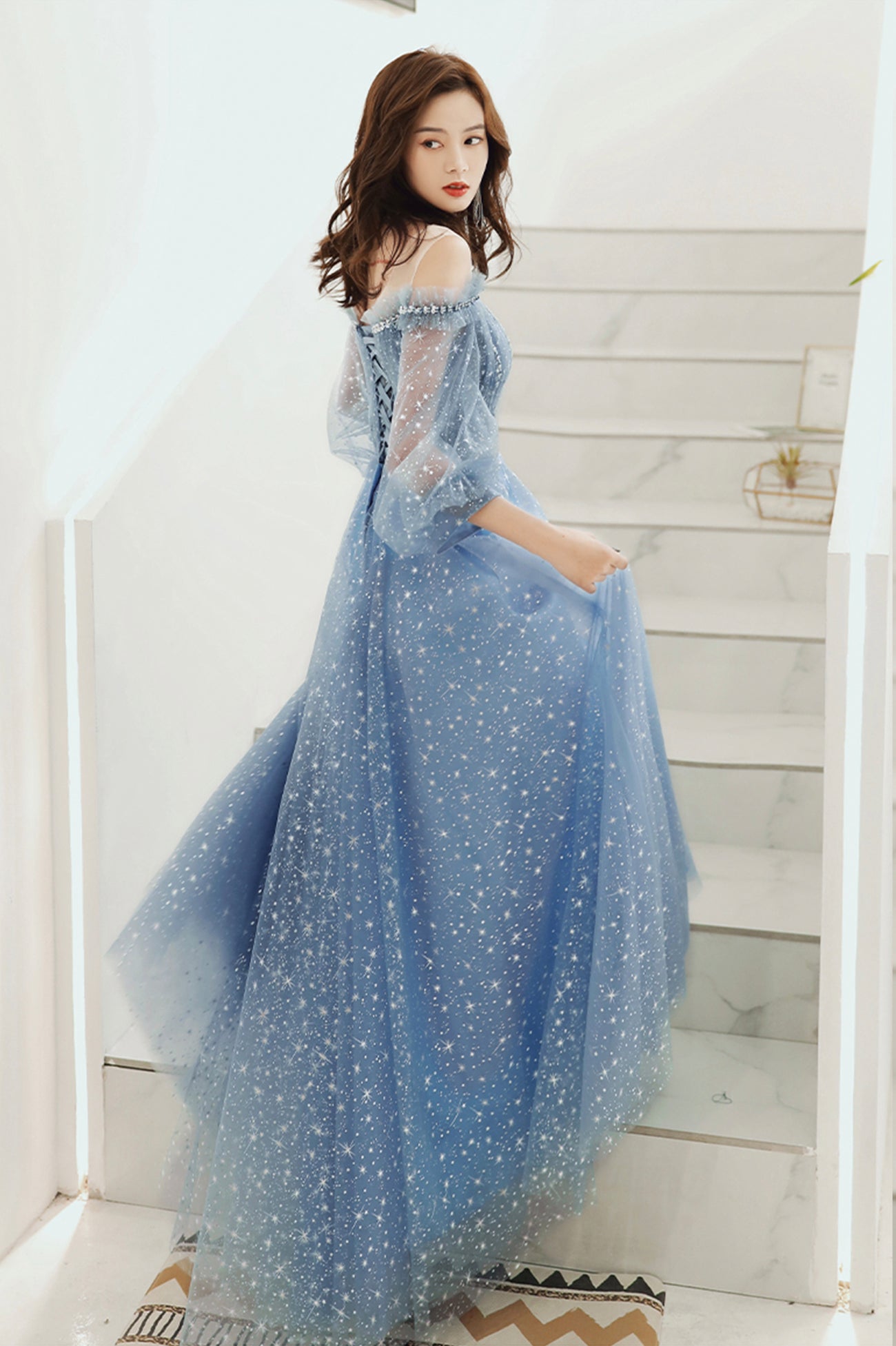 BLUE TULLE LONG A LINE PROM DRESS BLUE EVENING DRESS    cg17908