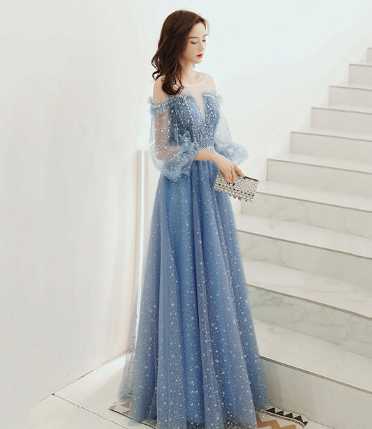 BLUE TULLE LONG A LINE PROM DRESS BLUE EVENING DRESS    cg17908