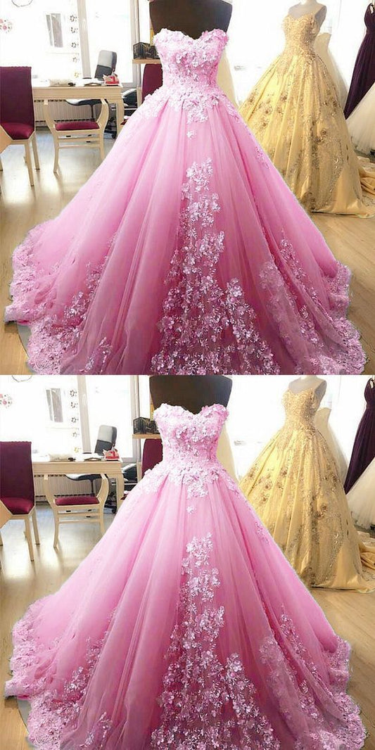 Light pink prom dresses sweetheart ball gown lace embroidery    cg17982