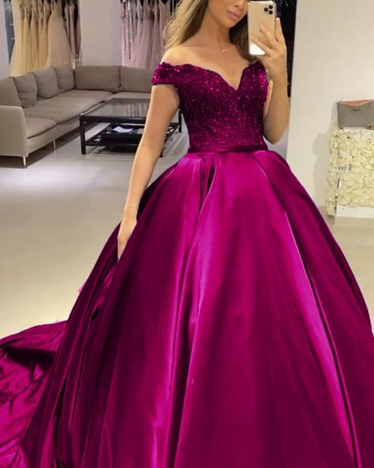 Fuchsia prom dresses ball gown off the shoulder quin ceanera dress    cg17986