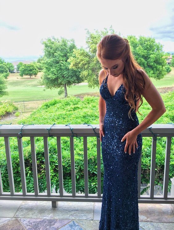 Elegant mermaid navy blue long formal dress prom dress   cg18053