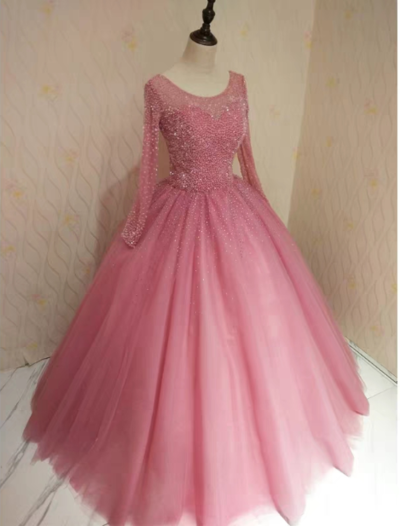 Long Sleeve Pink Sweet 16 Prom Dress,Charming Evening Dress,Prom Dresses   cg18059