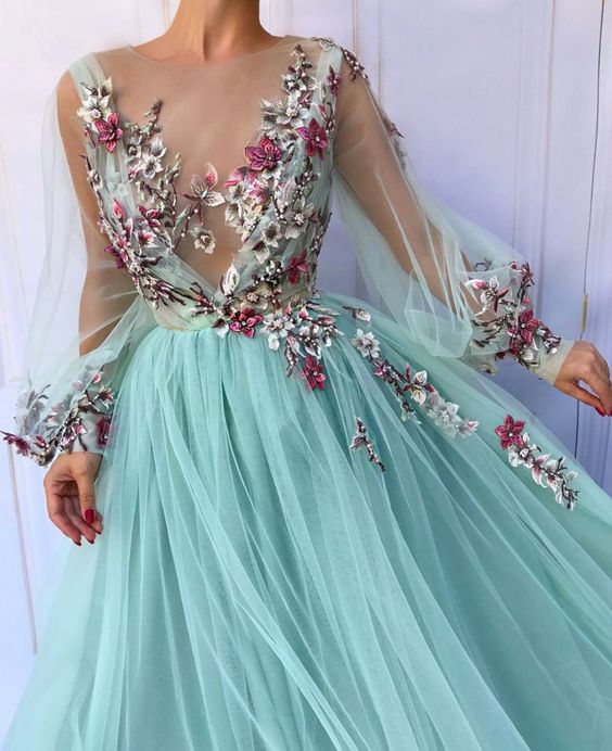 Blue tulle floral embroidered puff sleeve prom dress ,tulle evening dress,party dress   cg18068