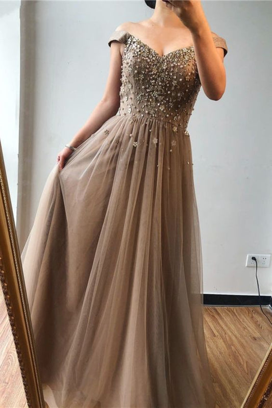 off the shoulder champagne A-line long evening dress formal dress 2021 prom dress   cg18188