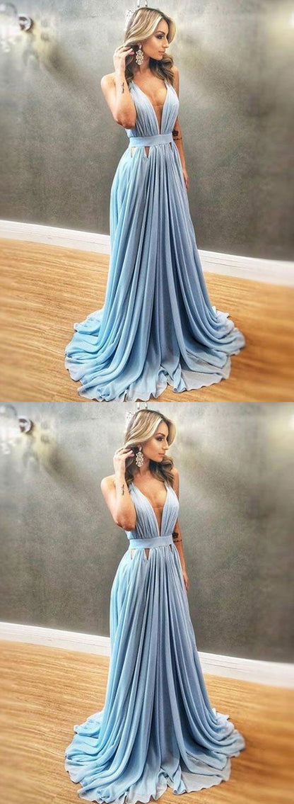 Simple blue chiffon v neck long prom dress, blue evening dress   cg1825