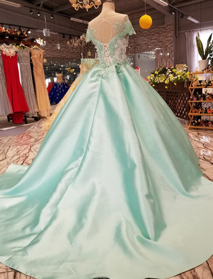 light green a-line cheap evening dress short sleeve lace up back satin dress prom gowns, graduation party dresses   cg18273